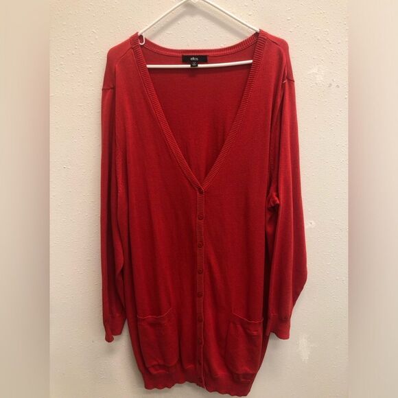 113. Ellos Red Cardigan Sweater V-Neck Long Sleeve Sz 22/24 (1X) - Picture 1 of 4
